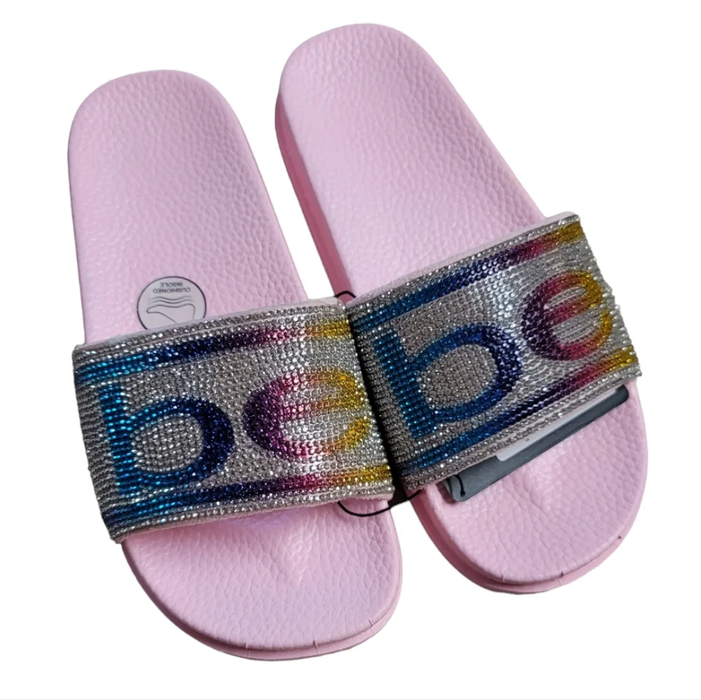Bebe Girls Light Pink Multicolored Rhinestone Logo Slides, Size XL (4/5)
